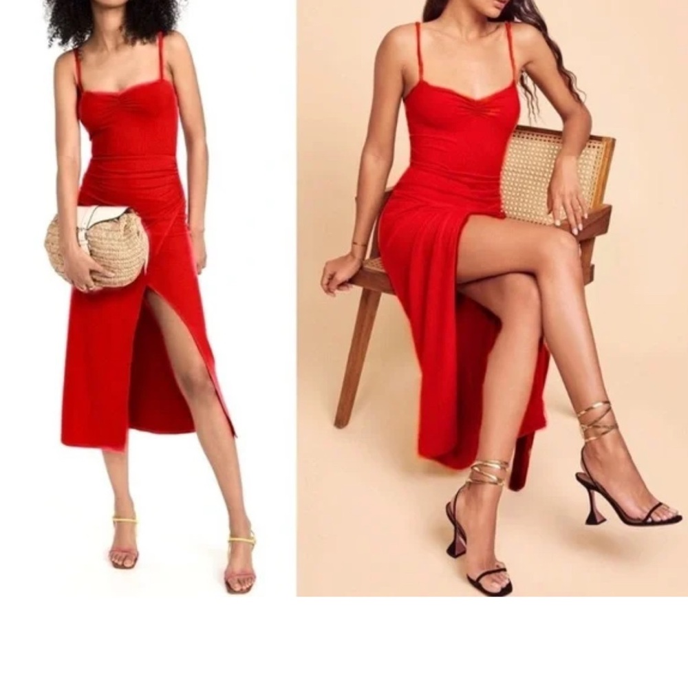 Reformation Formosa Ruched Ribbed Stretch Midi Red Dress
